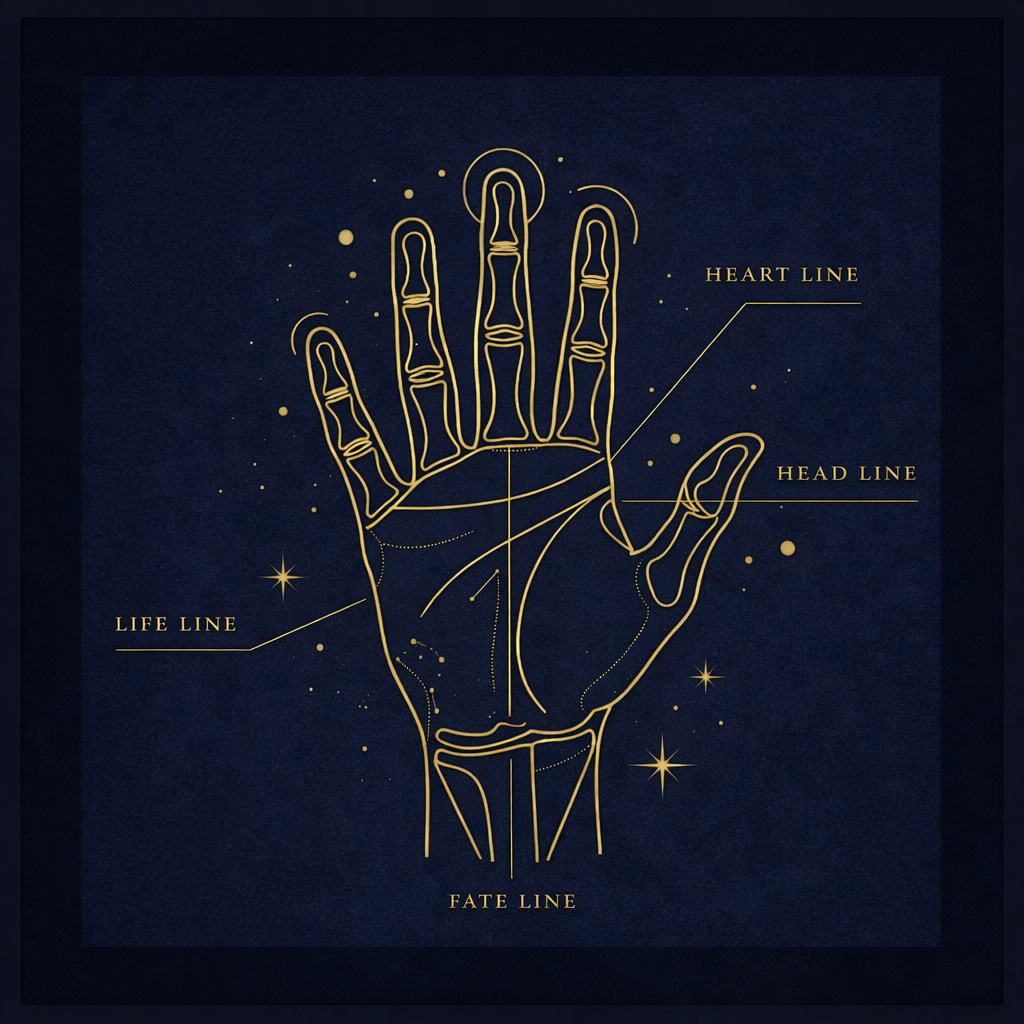 Palm reading diagram showing heart, head, life, and fate lines